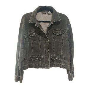 Chicos Trucker Jacket Velour Grey Size 1 Stretch Soft Pockets Medium